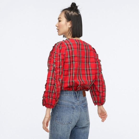 J. Crew Ruffle Sleeve Stewart Tartan Blouse Size Medium - Picture 2 of 6